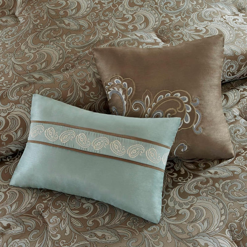 Luxe Faux Silk Jacquard Paisley Room in a Bag - 24 Pcs. with Matching Curtains, Decorative Pillows