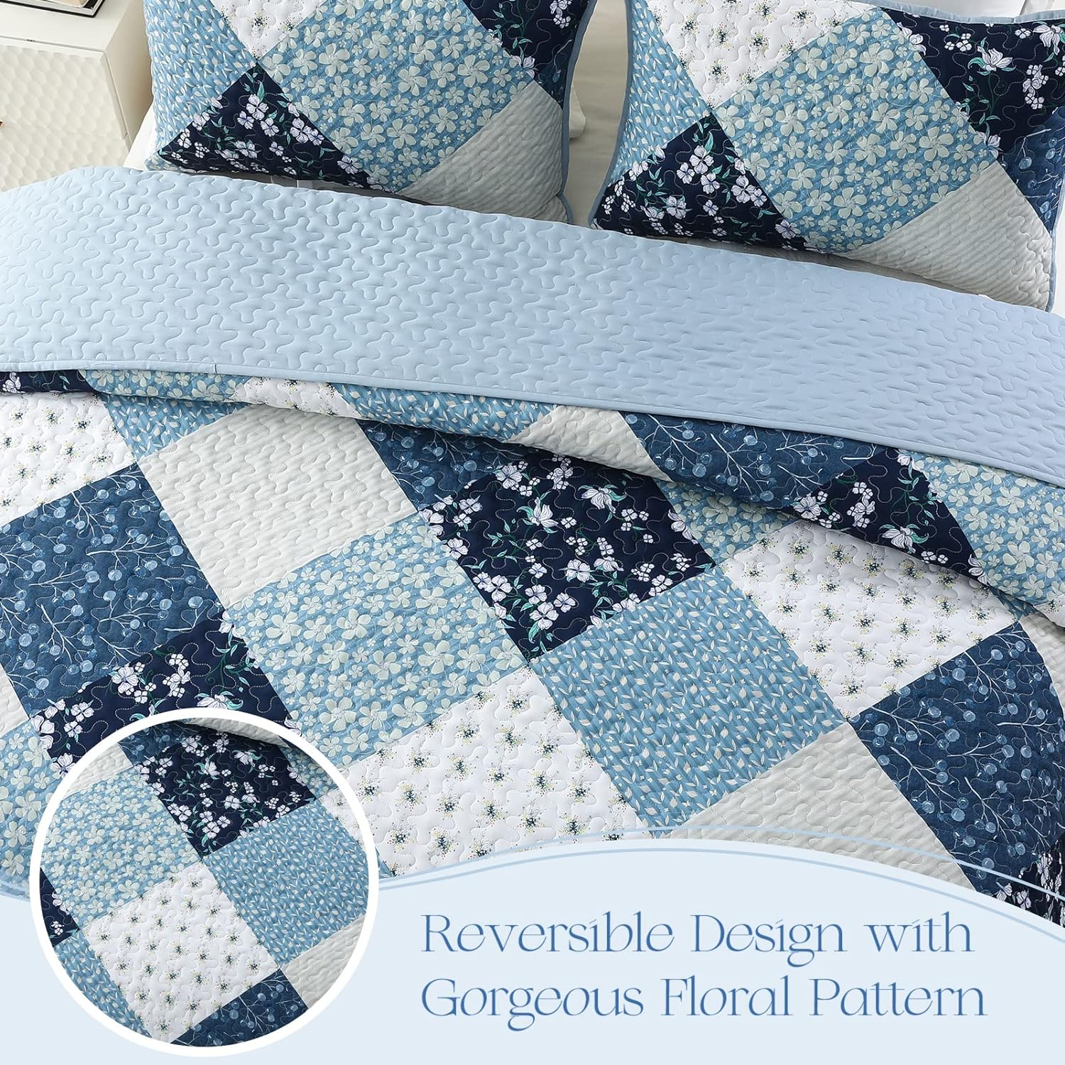 Juego de edredón reversible con diseño de patchwork bohemio y flores: juego de cama de 3 piezas para todas las estaciones