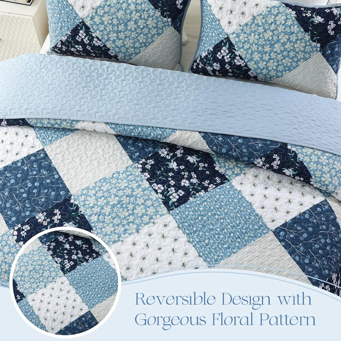 Reversible Floral Boho Patchwork Quilt Set - 3 Pcs All Season Bedding Set