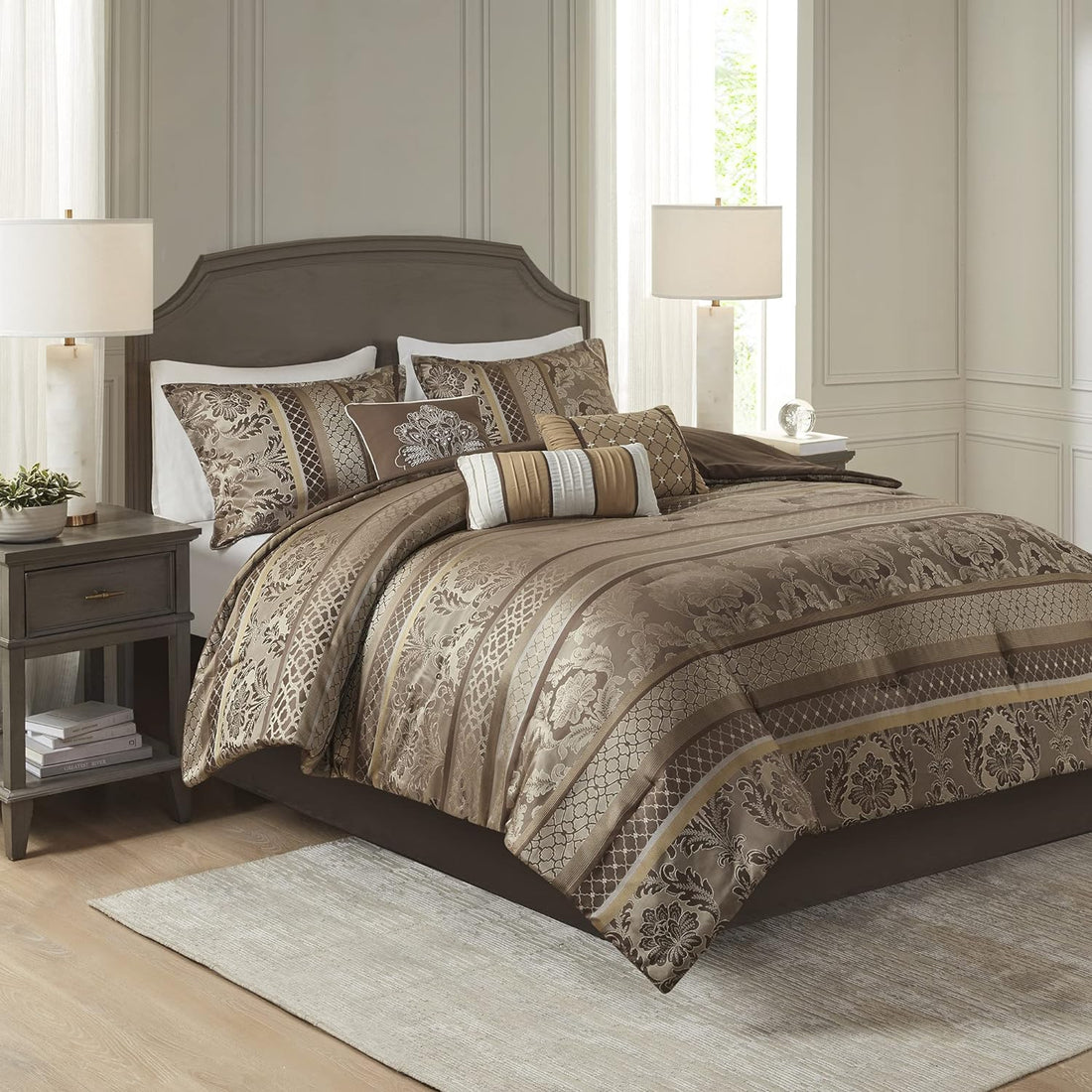 Luxe Jacquard with Damask Design Bed in a Bag Set - 7 Pcs. with Matching Shams, Bed Skirt