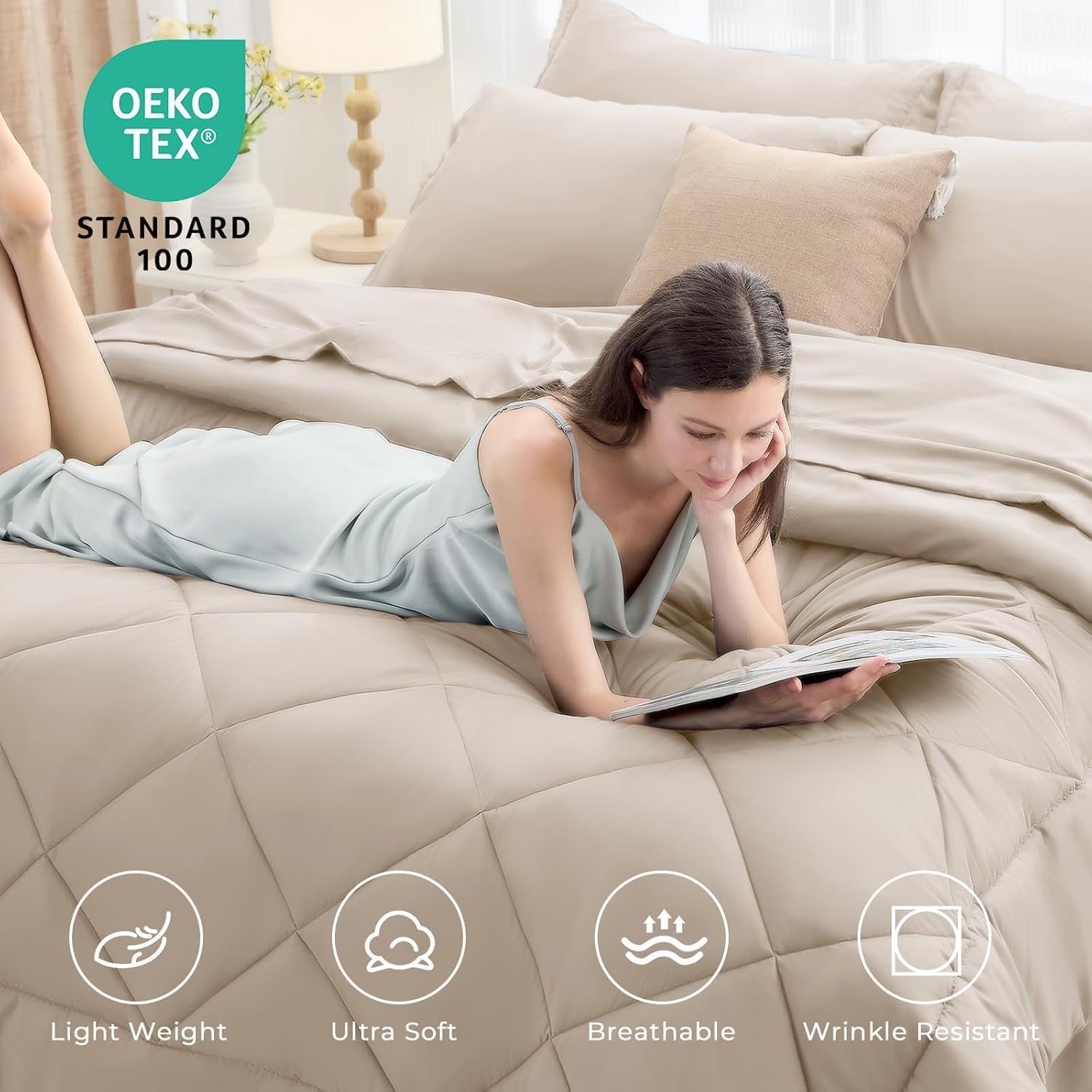 Juego de cama reversible moderno en una bolsa: juego de 7 piezas de edredón ultra suave