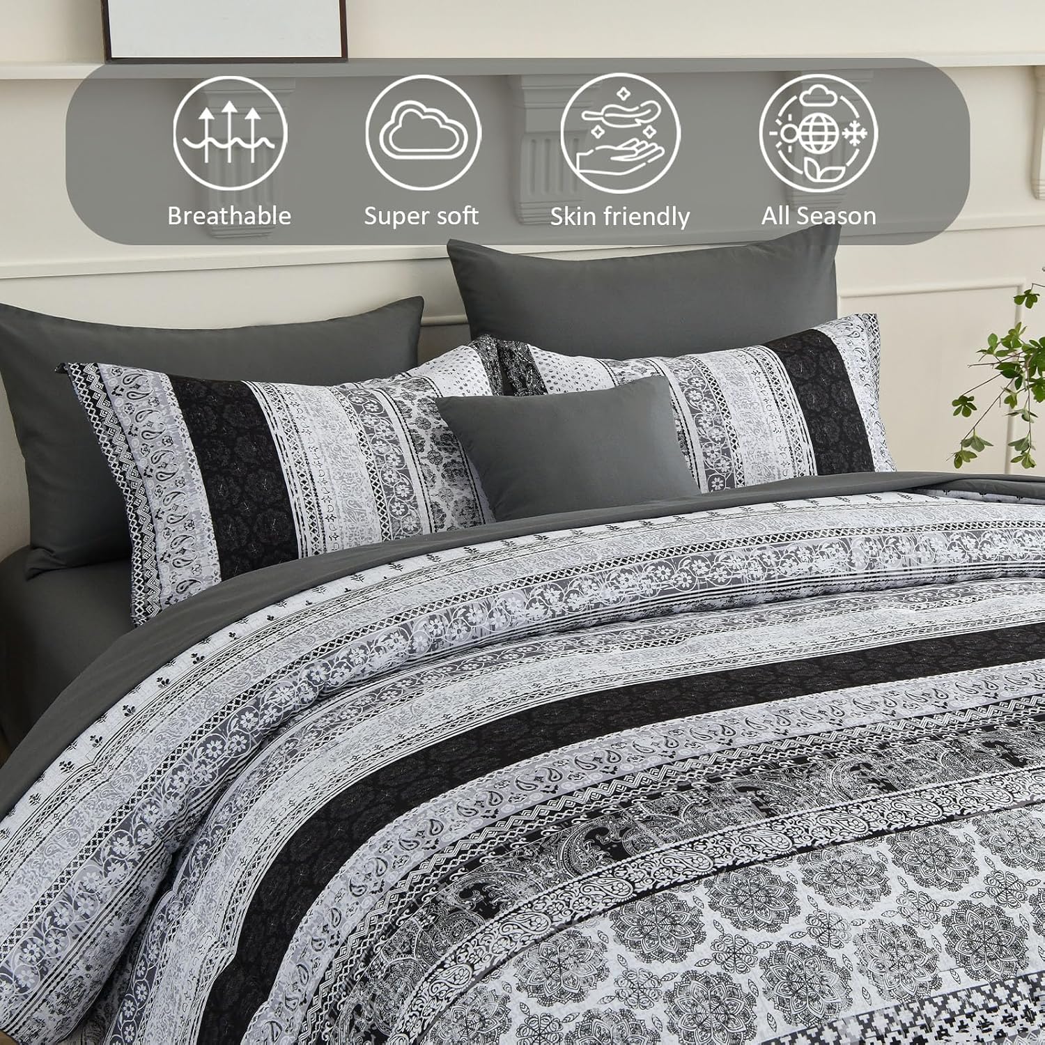 Boho Floral Bed in a Bag Set - 8 Pcs Striped Microfiber Comforter Set