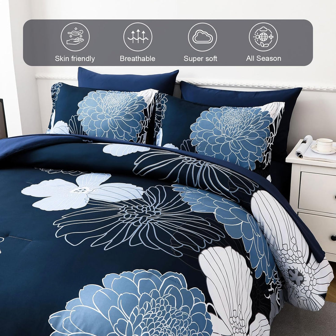 Juego de cama con estampado floral en una bolsa: juego de edredón para todas las estaciones con estampado de flores azules de 7 piezas