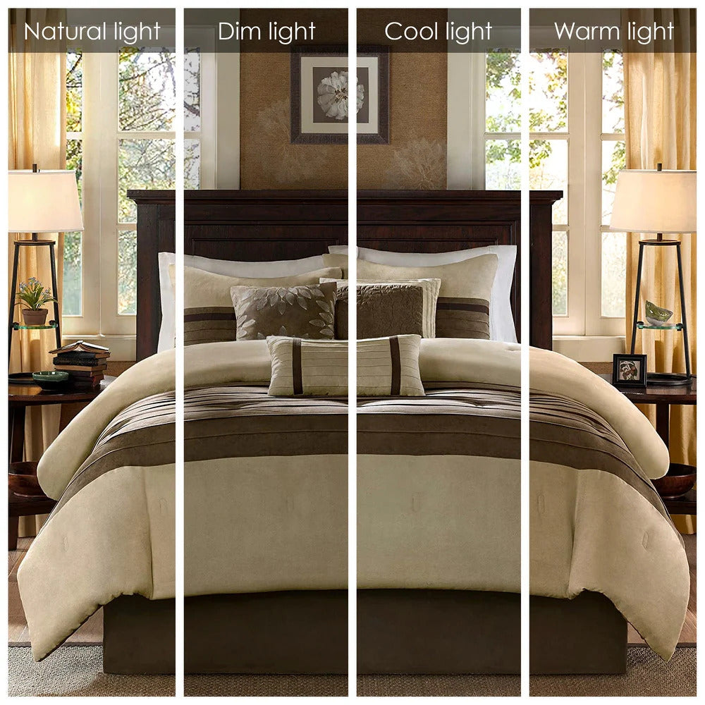 Juego de cama de gamuza de lujo con detalles a rayas en una bolsa: 7 piezas con fundas a juego y faldón de cama