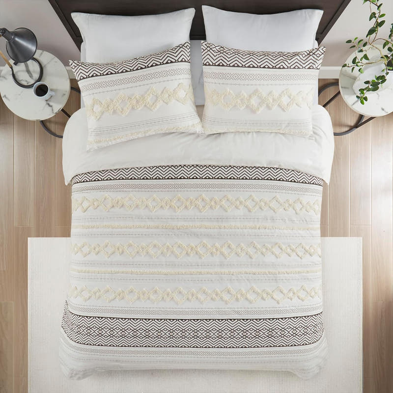 Funda nórdica bohemia con mechones modernos, 3 piezas, algodón texturizado estilo granja