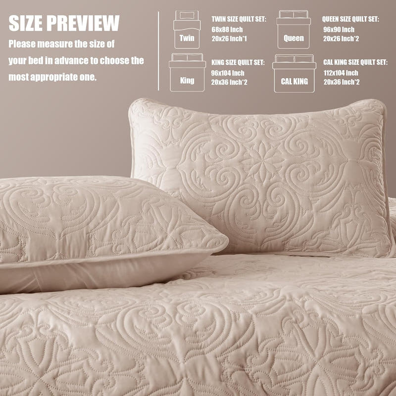 Reversible Damask Vintage Style Quilt Set - 3 Pcs All Season Coverlet Set