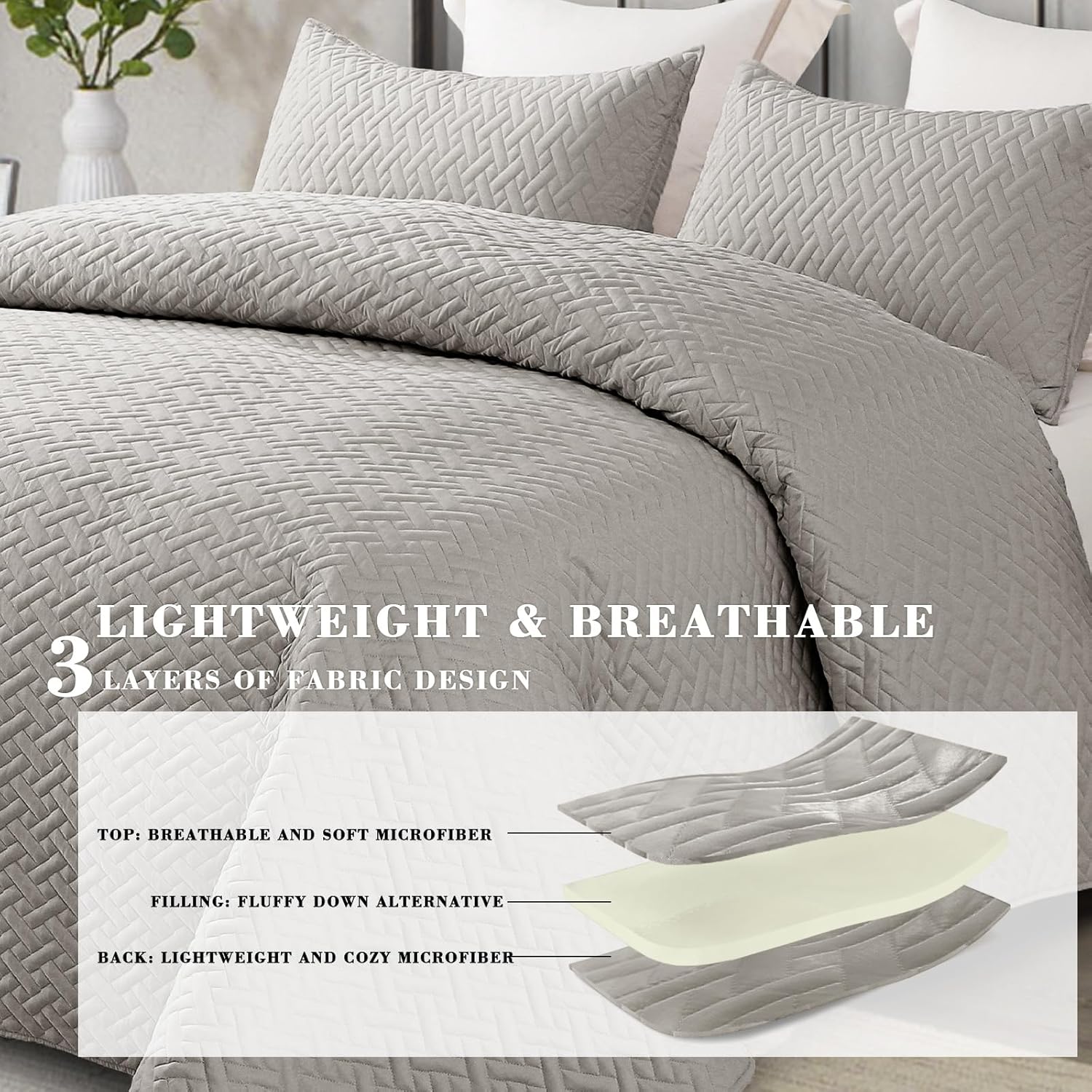 All Season Lightweight Basket Quilt Bedding Set - 3 Pcs. with Pillow Shams