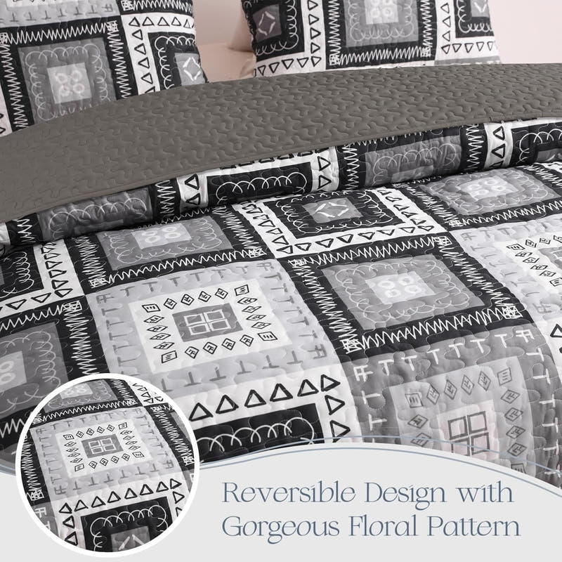 Juego de edredón bohemio geométrico con patchwork reversible: juego de colcha de 3 piezas para todas las estaciones