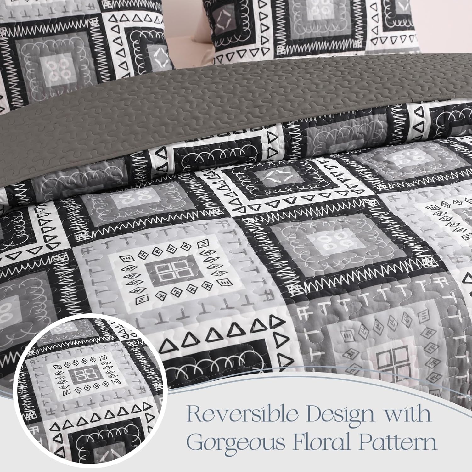 Reversible Patchwork Geometric Boho Quilt Set - 3 Pieces All Season Bedspread Set