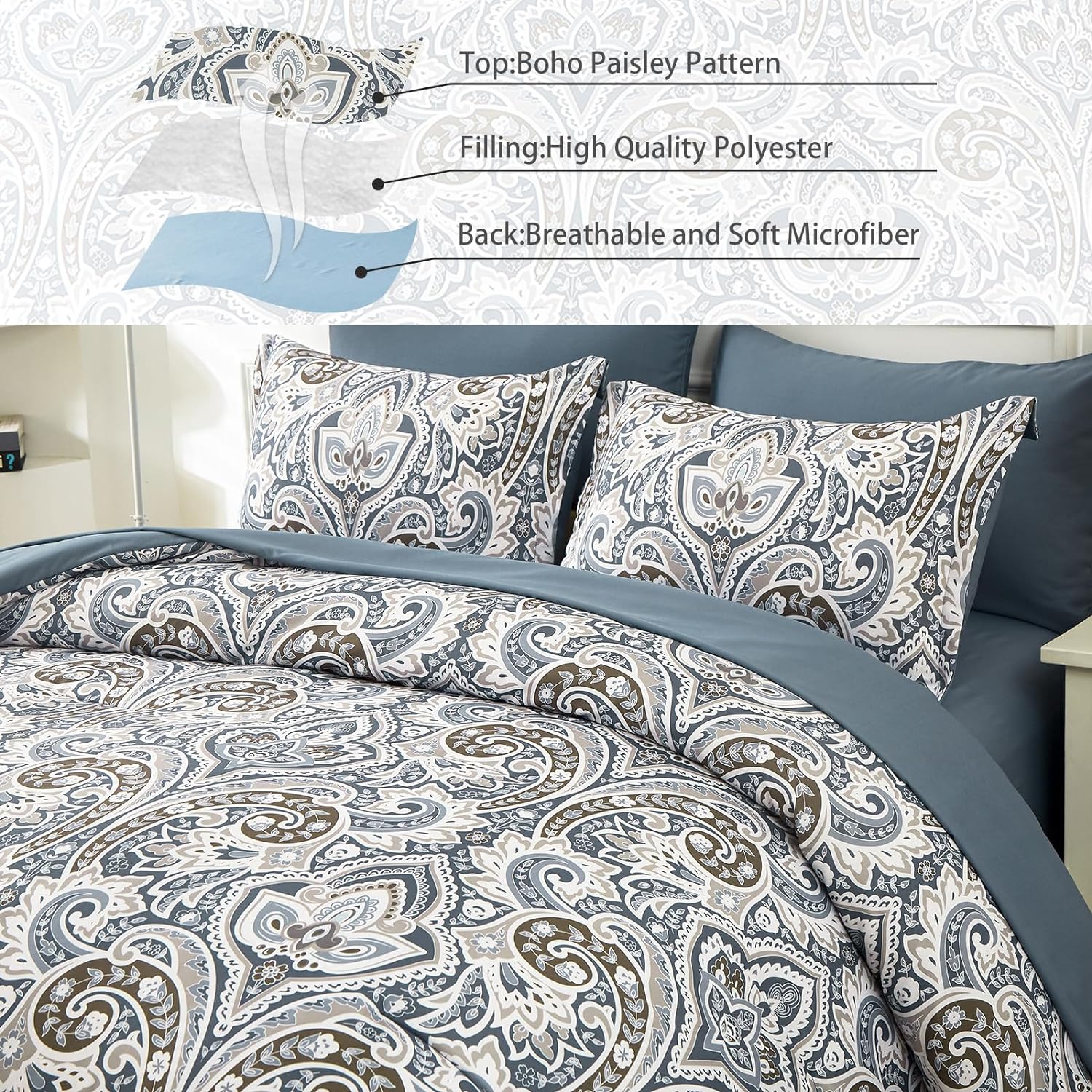 Paisley Pattern Bed in a Bag Set - 7 Pcs Blue Boho Comforter Set