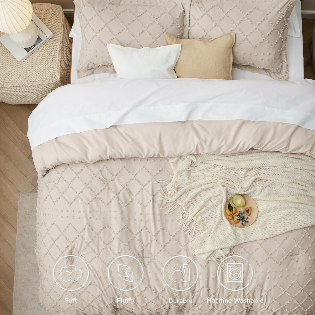 Juego de edredón tamaño queen, edredón beige, juego de edredón bohemio con mechones estilo shabby chic, juego de cama vintage de 3 piezas para todas las estaciones, juego de cama suave y esponjoso con 2 fundas de almohada