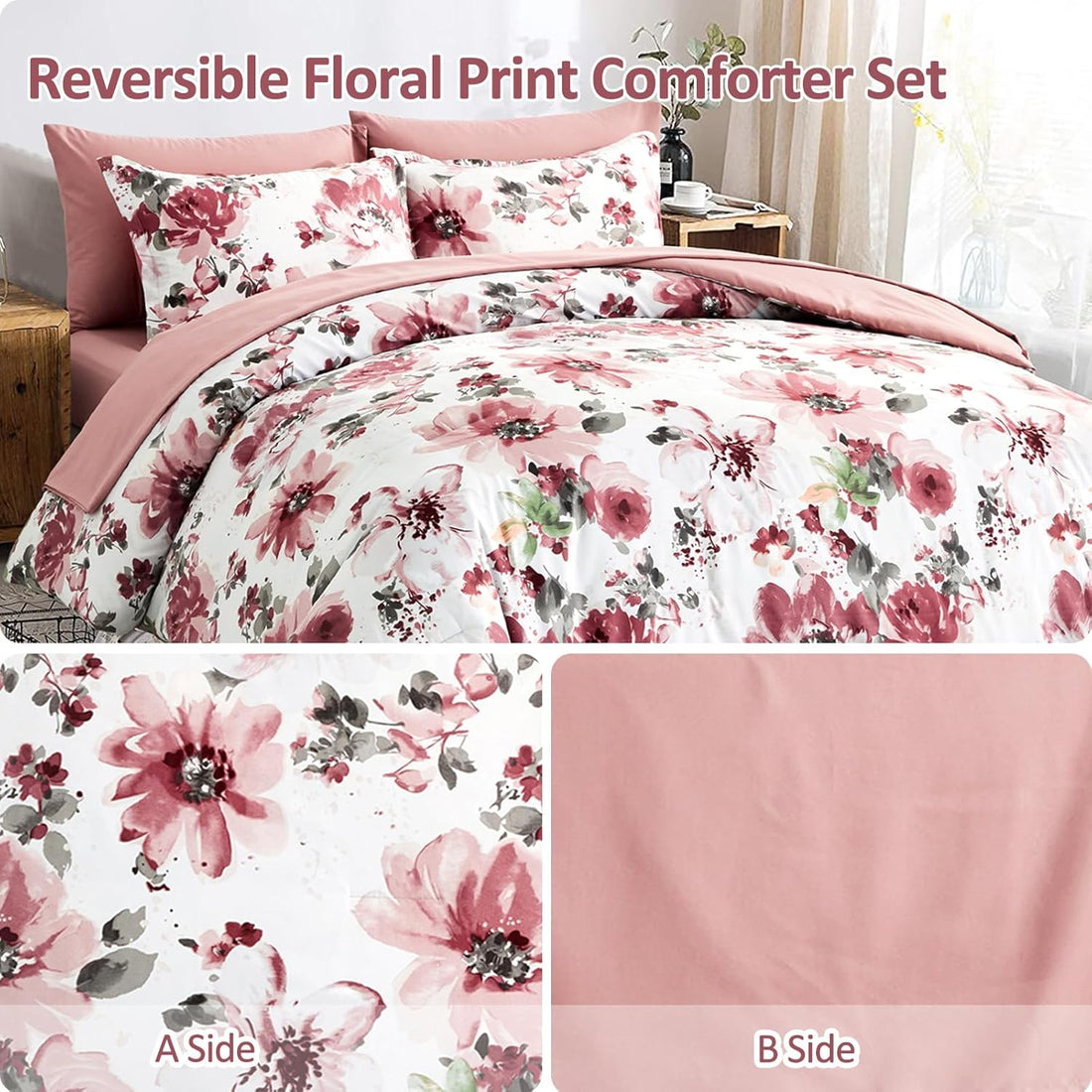 Juego de cama con flores en una bolsa: juego de edredón completo para todas las estaciones con 7 piezas de flores rosas