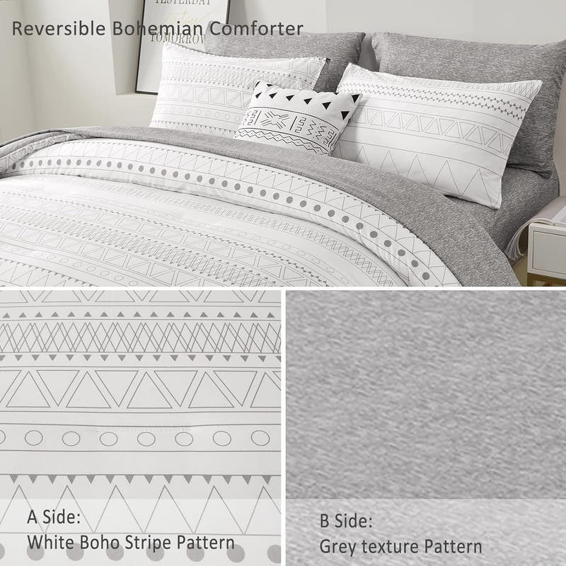 Juego de cama reversible bohemio moderno en una bolsa: juego de 7 piezas de edredón con rayas geométricas