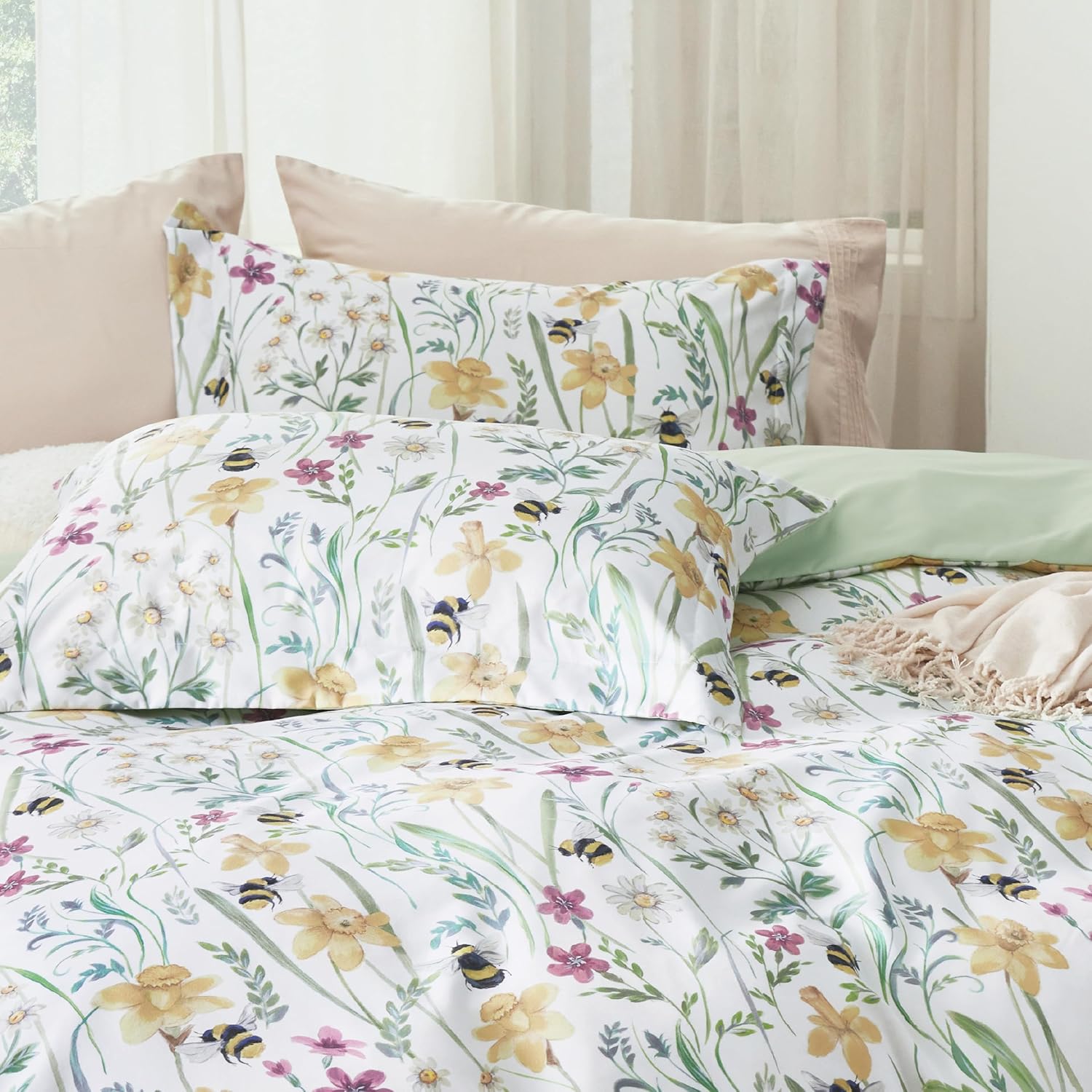 Juego de edredón reversible con motivos florales, 3 piezas. Juego de ropa de cama botánico