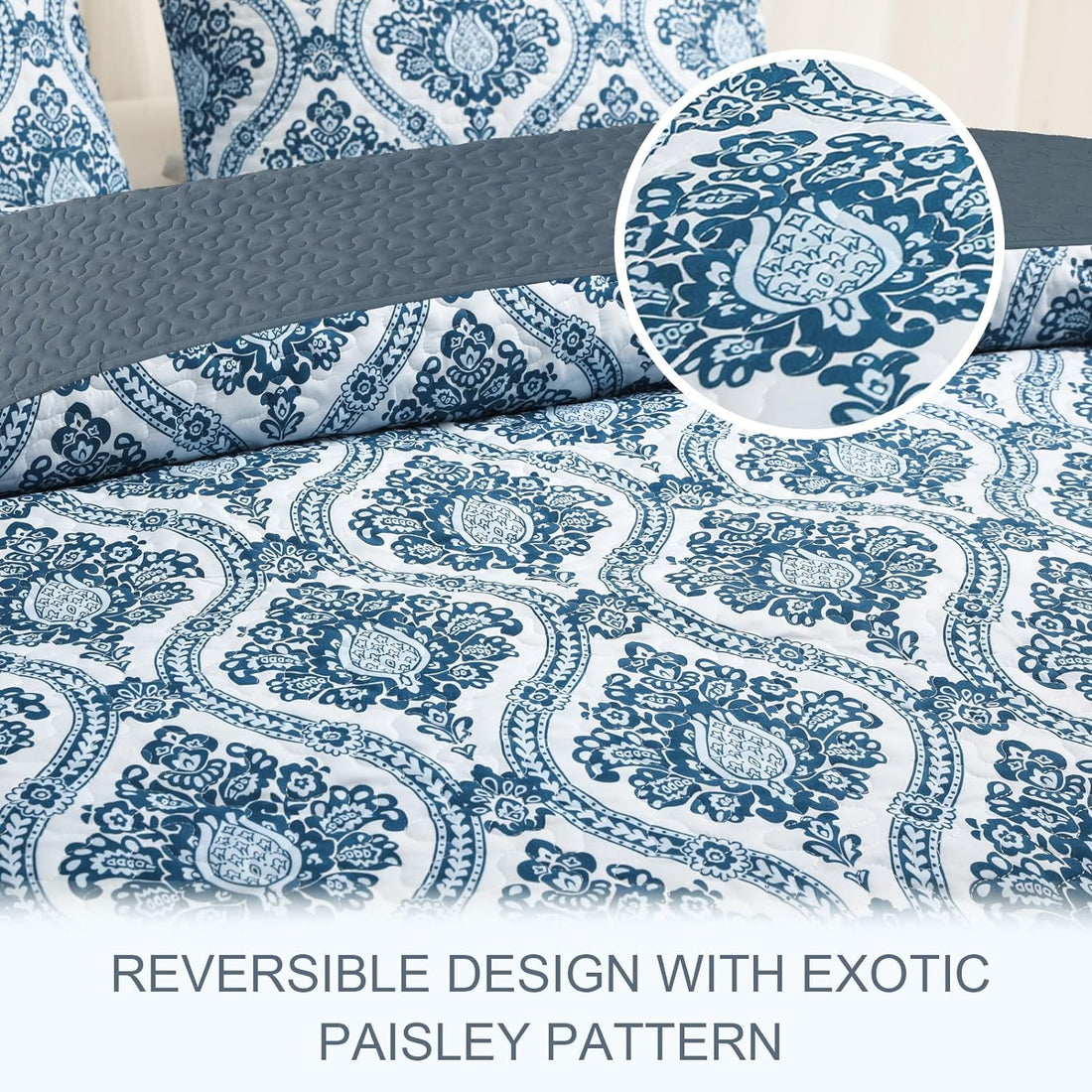 Reversible Damask Boho Quilt Set - 3 Pieces All Season Ultra Soft Bedspread