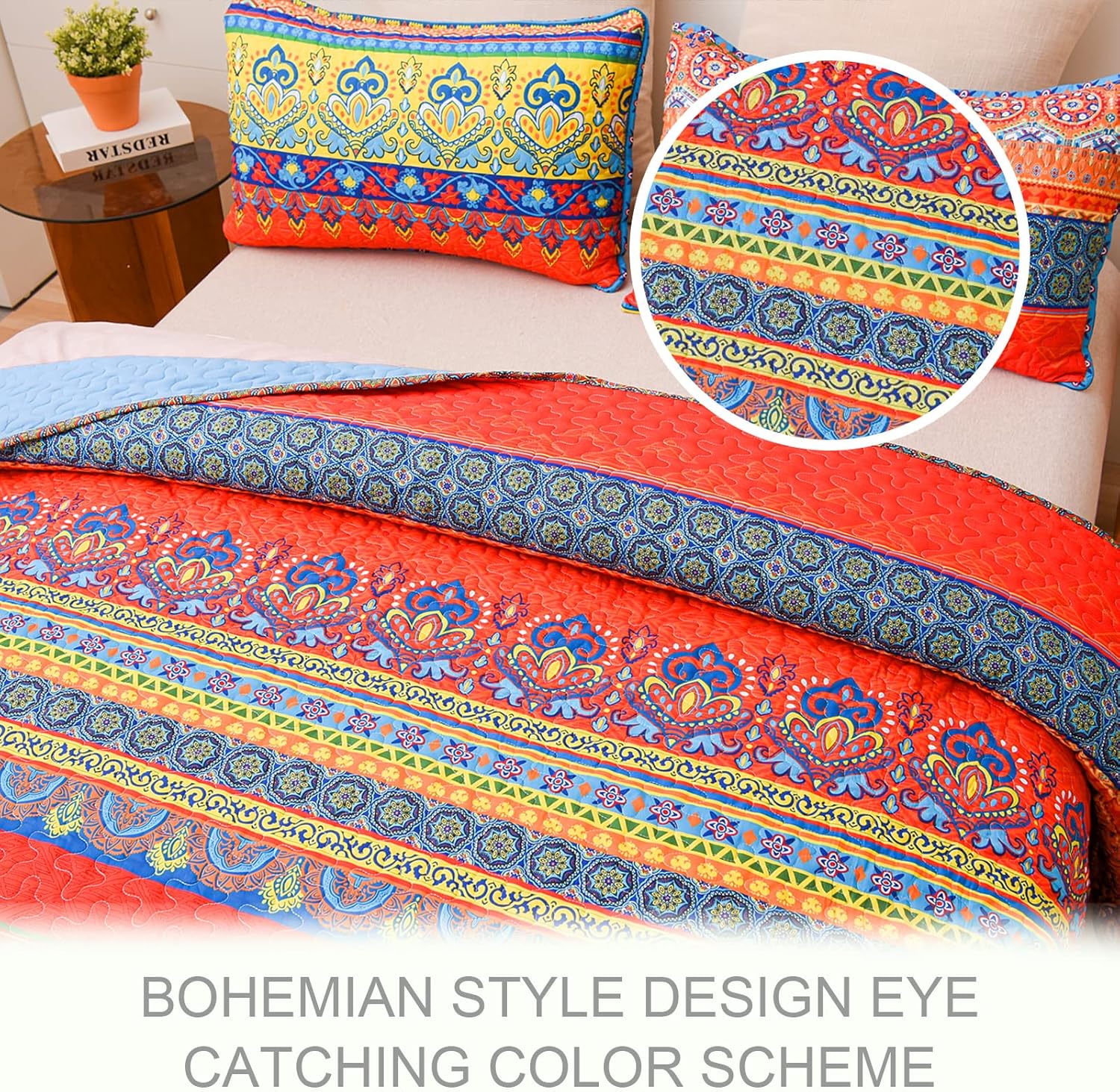 Reversible Ultra Soft Boho Pattern Quilt Set - 3 Pcs. Bohemian All Season