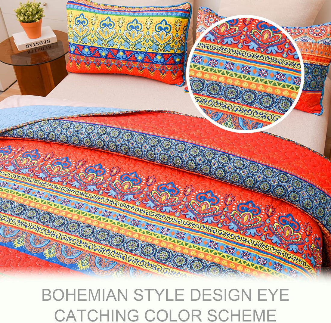 Reversible Ultra Soft Boho Pattern Quilt Set - 3 Pcs. Bohemian All Season