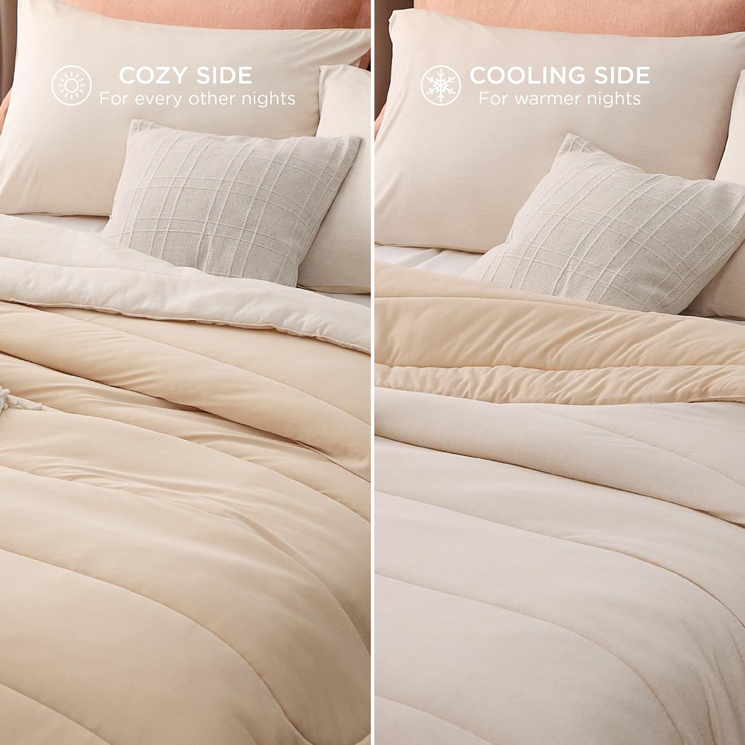 Queen Comforter Set - Cooling and Warm Bed Set, Linen Reversible All Season Cooling Comforter, 3 Pieces, 1 Queen Size Comforter (88"x88") and 2 Pillow Cases (20"x26")