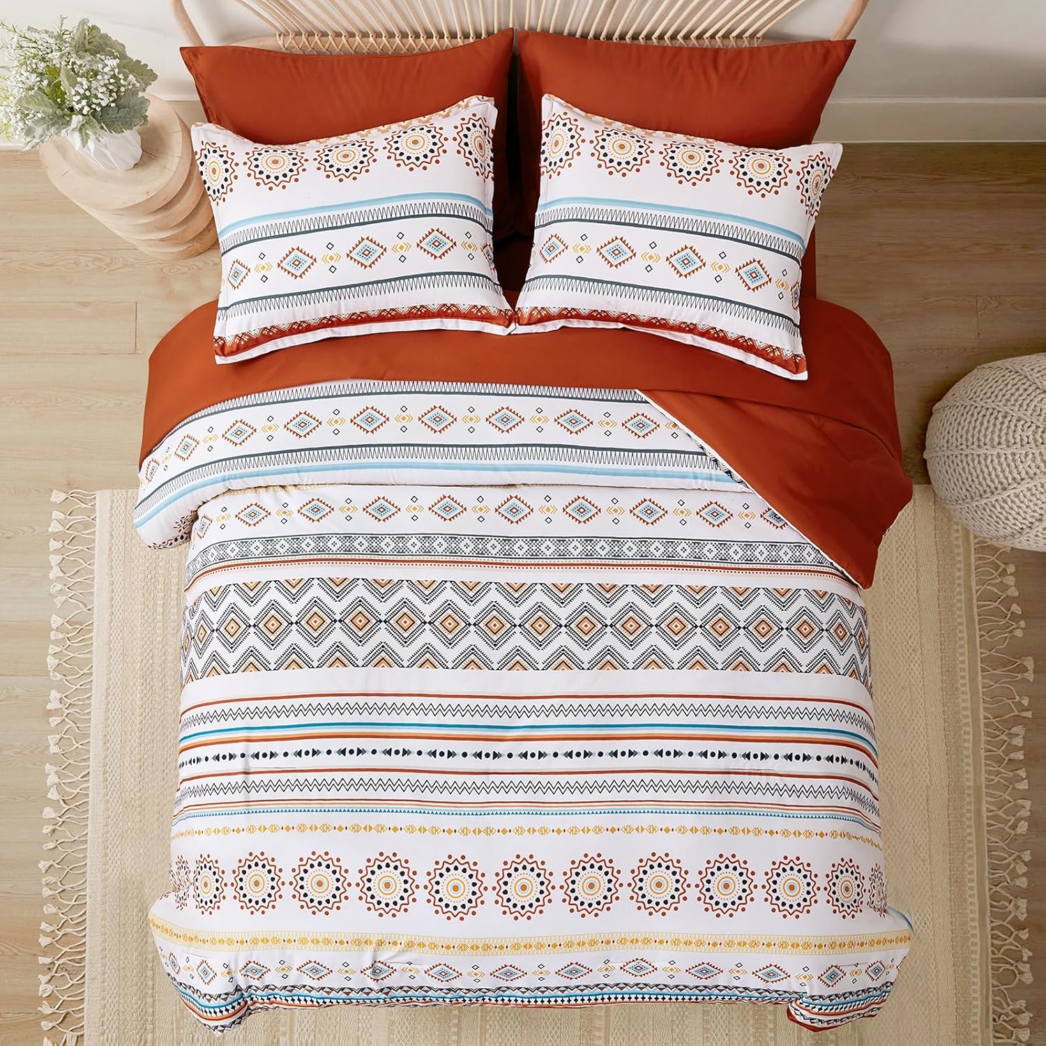 Boho Striped Bed in a Bag Set - 7 Pcs Microfiber Comforter Bedding Set