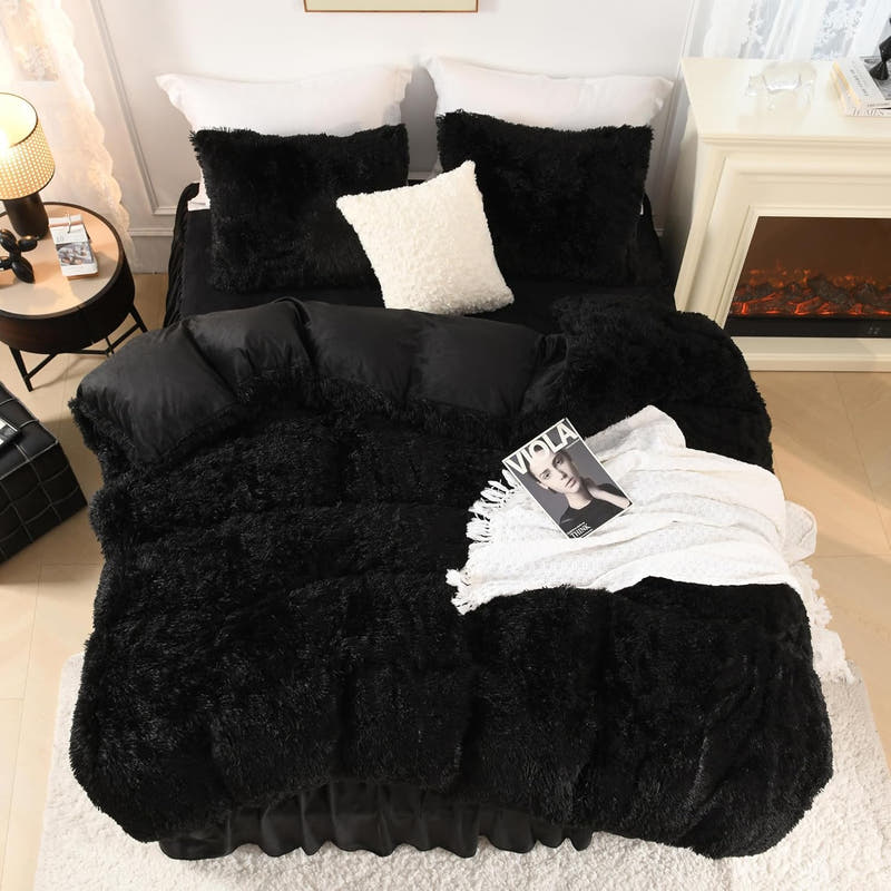 Edredón mullido negro tamaño Queen, juego de cama de piel sintética de felpa difusa de lujo para cama tamaño Queen, edredón cálido de terciopelo ultra suave, 3 piezas (1 edredón peludo de 90 × 90 pulgadas, 2 fundas de almohada) 