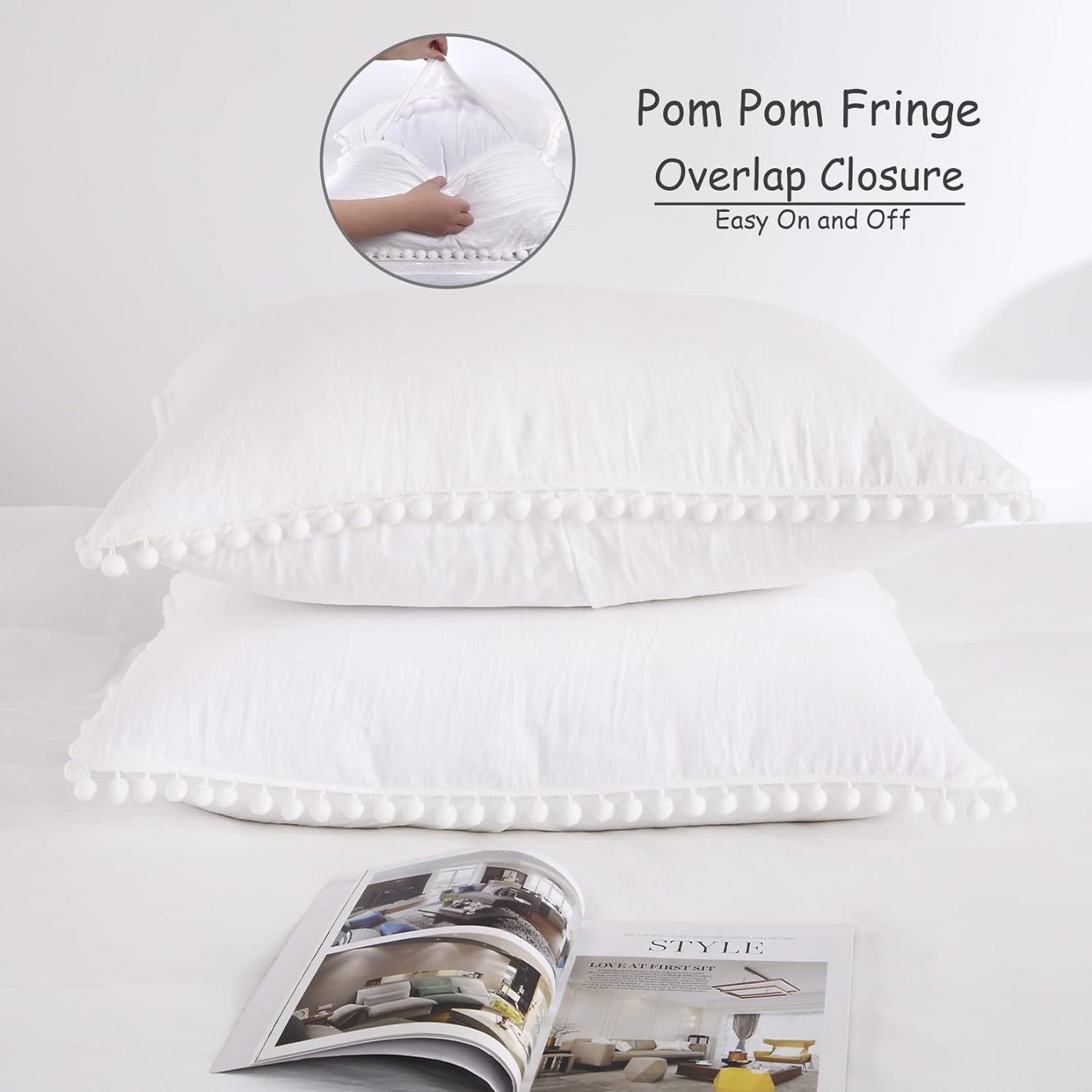 Washed Microfiber Duvet Cover Set, 3 Pcs. with Pom-Pom Fringe