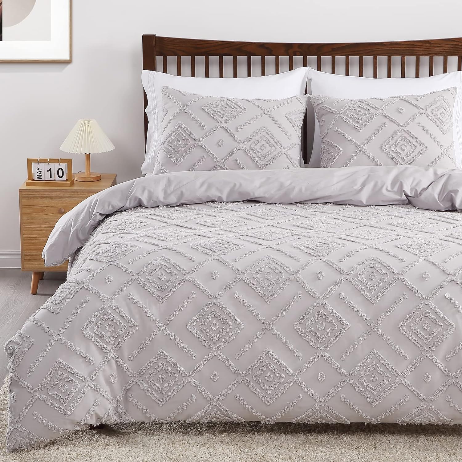 Juego de funda nórdica de algodón jacquard, 3 piezas, diseño geométrico de chenilla boho