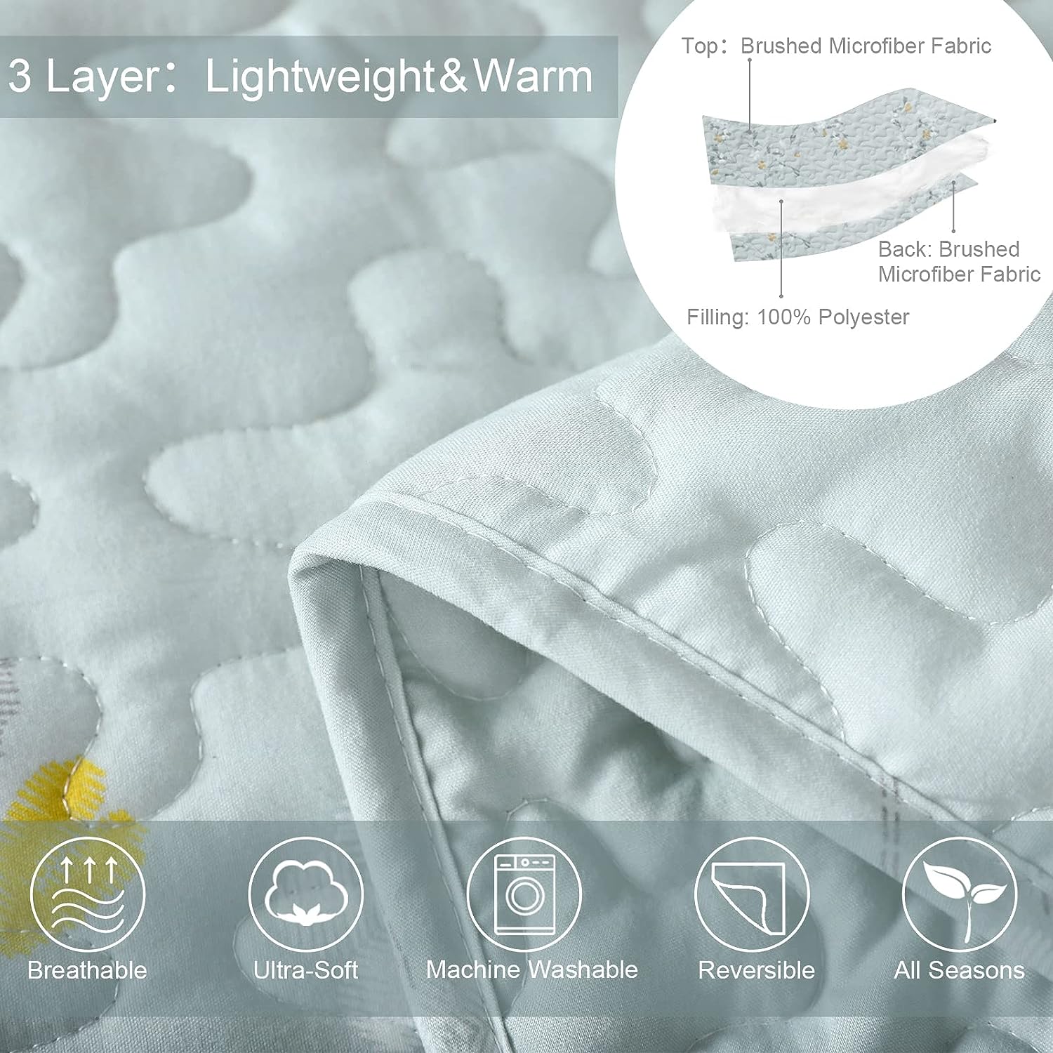 Reversible Floral All Season Quilt Set - 3 Piece Soft Lightweight Bedspread