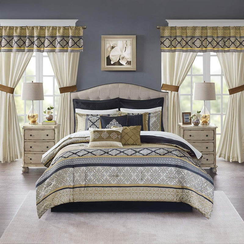 Conjunto de lujo: elegante conjunto de habitación en bolsa de satén, 24 piezas con cortinas y almohadas decorativas a juego 