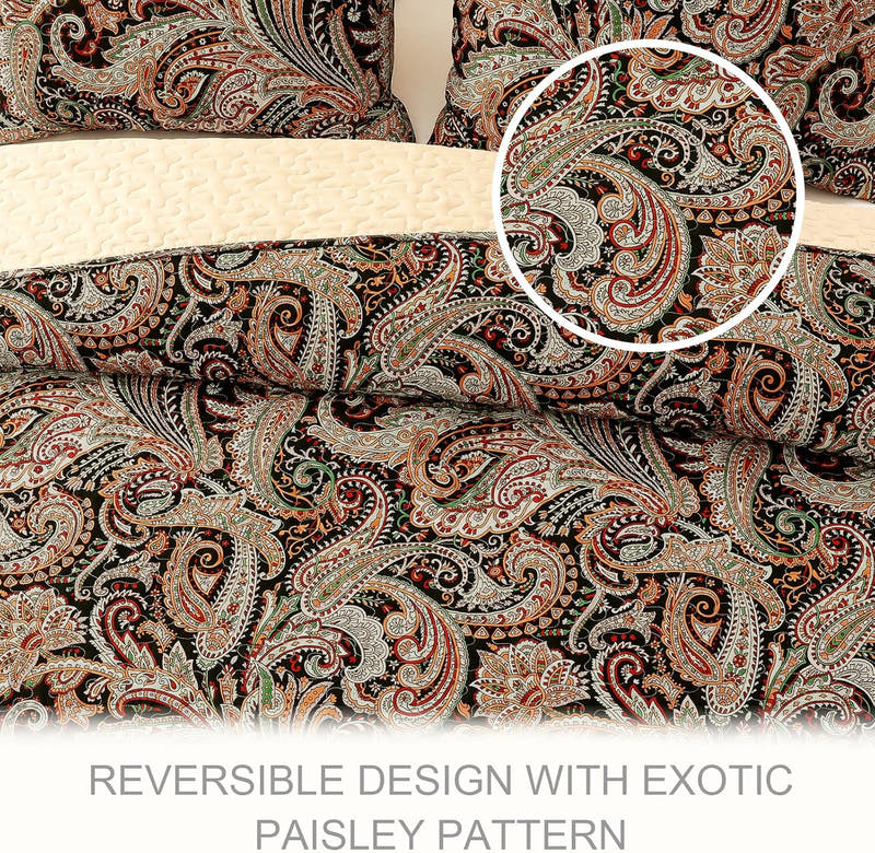 Juego de edredón reversible Paisley Boho: 3 piezas de colchas Paisley para todas las estaciones