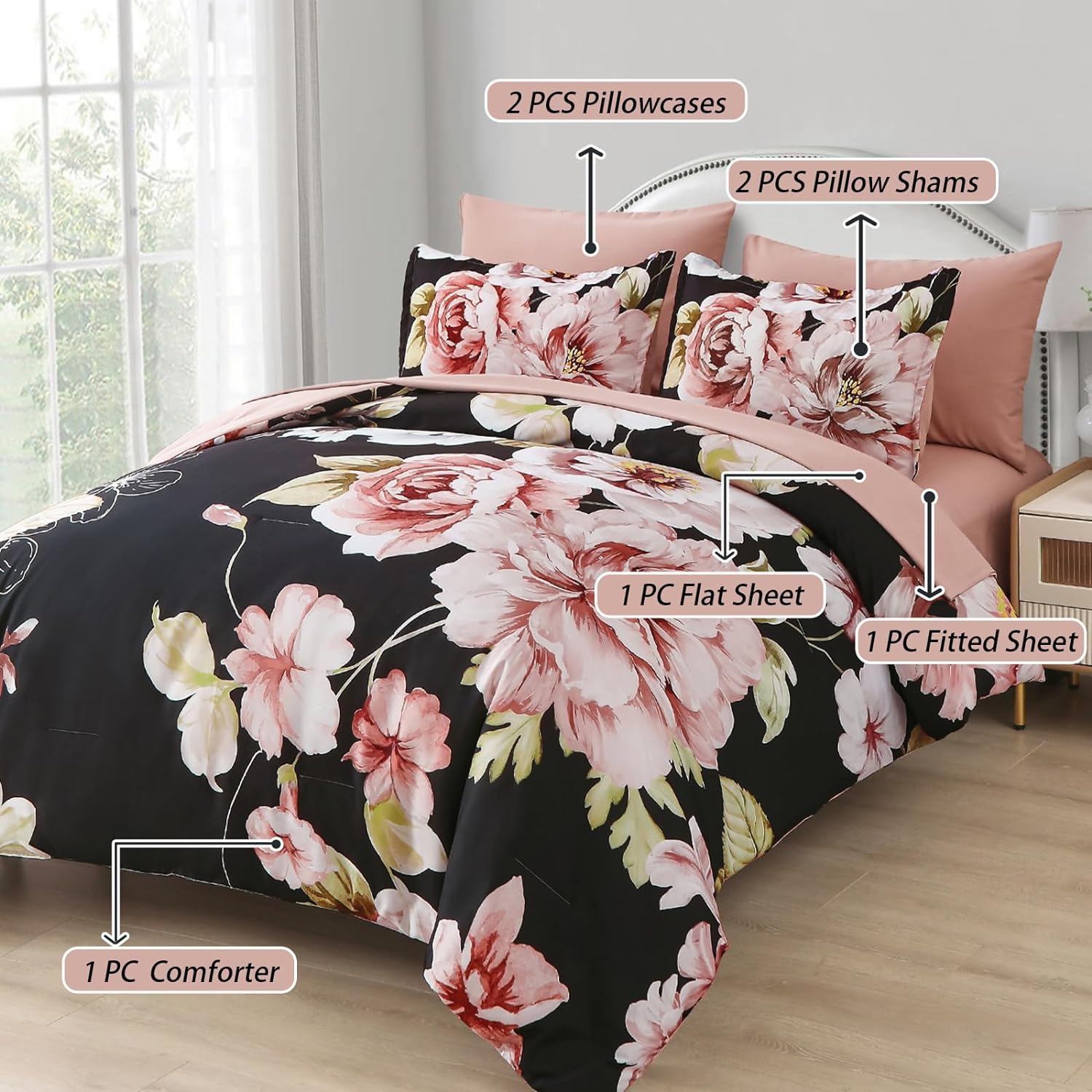 Floral Bed in a Bag Set - 7 Pcs Pink Floral Pattern Comforter Set