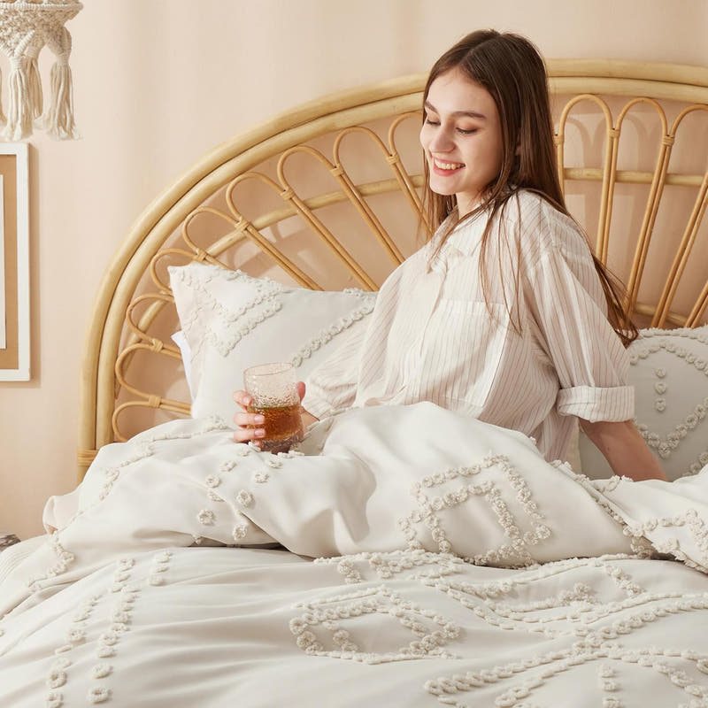 Juego de edredón tamaño queen, edredón blanco, juego de edredón bohemio con mechones estilo shabby chic, juego de cama vintage de 3 piezas para todas las estaciones, juego de cama suave y esponjoso con 2 fundas de almohada 