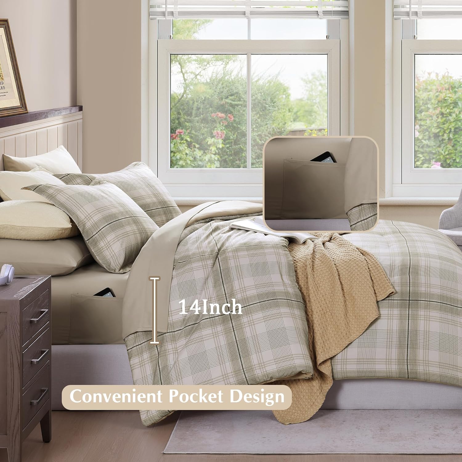 Juego de cama clásico a cuadros en una bolsa: juego de 7 piezas de edredón estilo granja