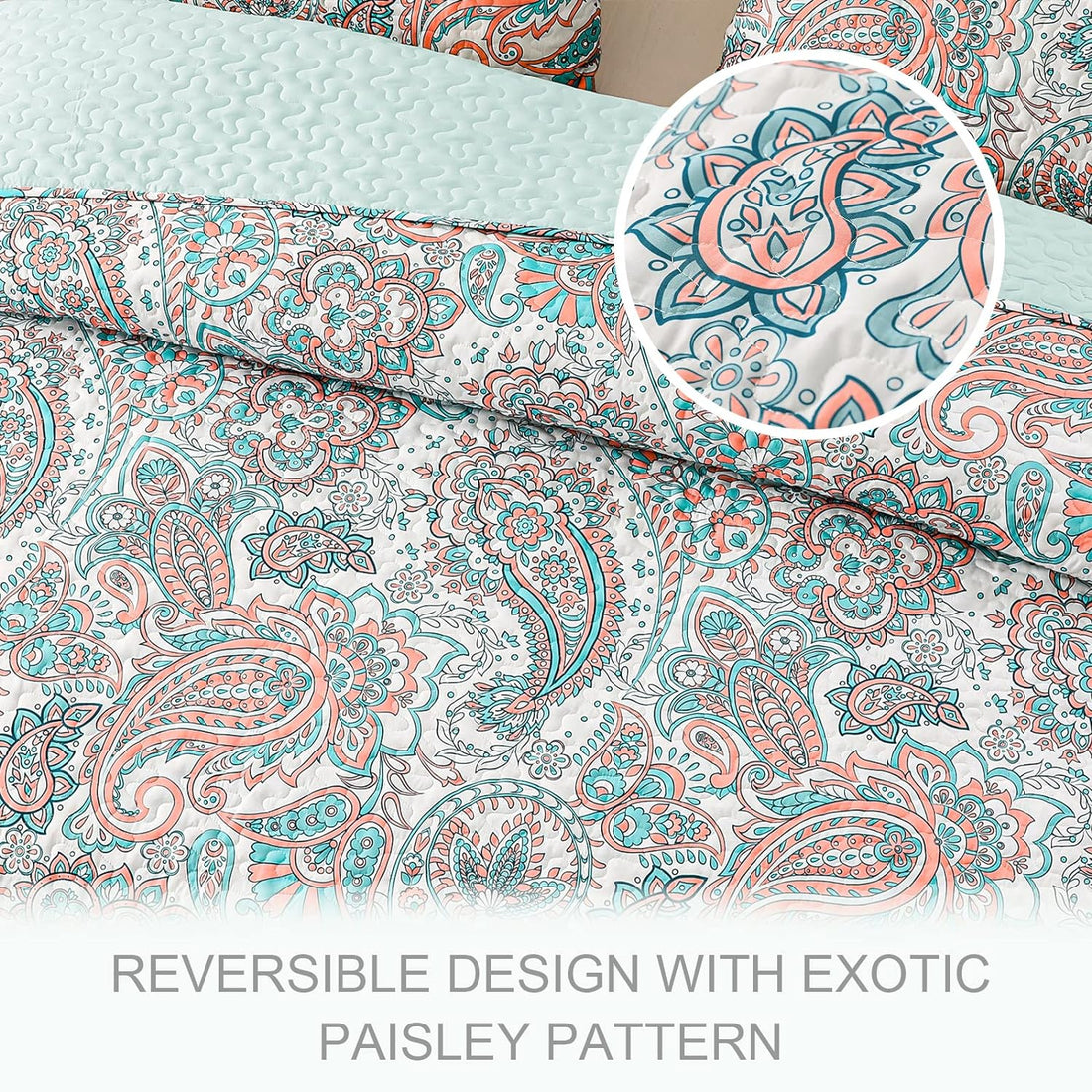 Reversible Paisley Boho Quilt Set - 3 Pcs All Season Bedspread Set