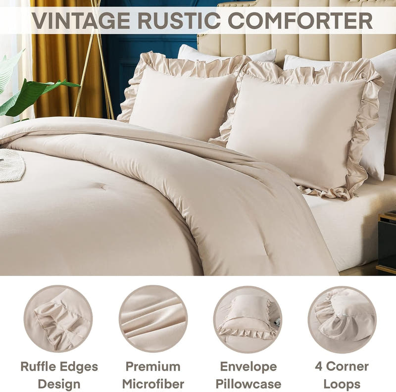 Juego de edredón Queen de color caqui, juego de cama Shabby Chic de estilo rústico de 3 piezas para cama Queen, juego de cama de microfibra suave y liviano para todas las estaciones para hombres y mujeres
