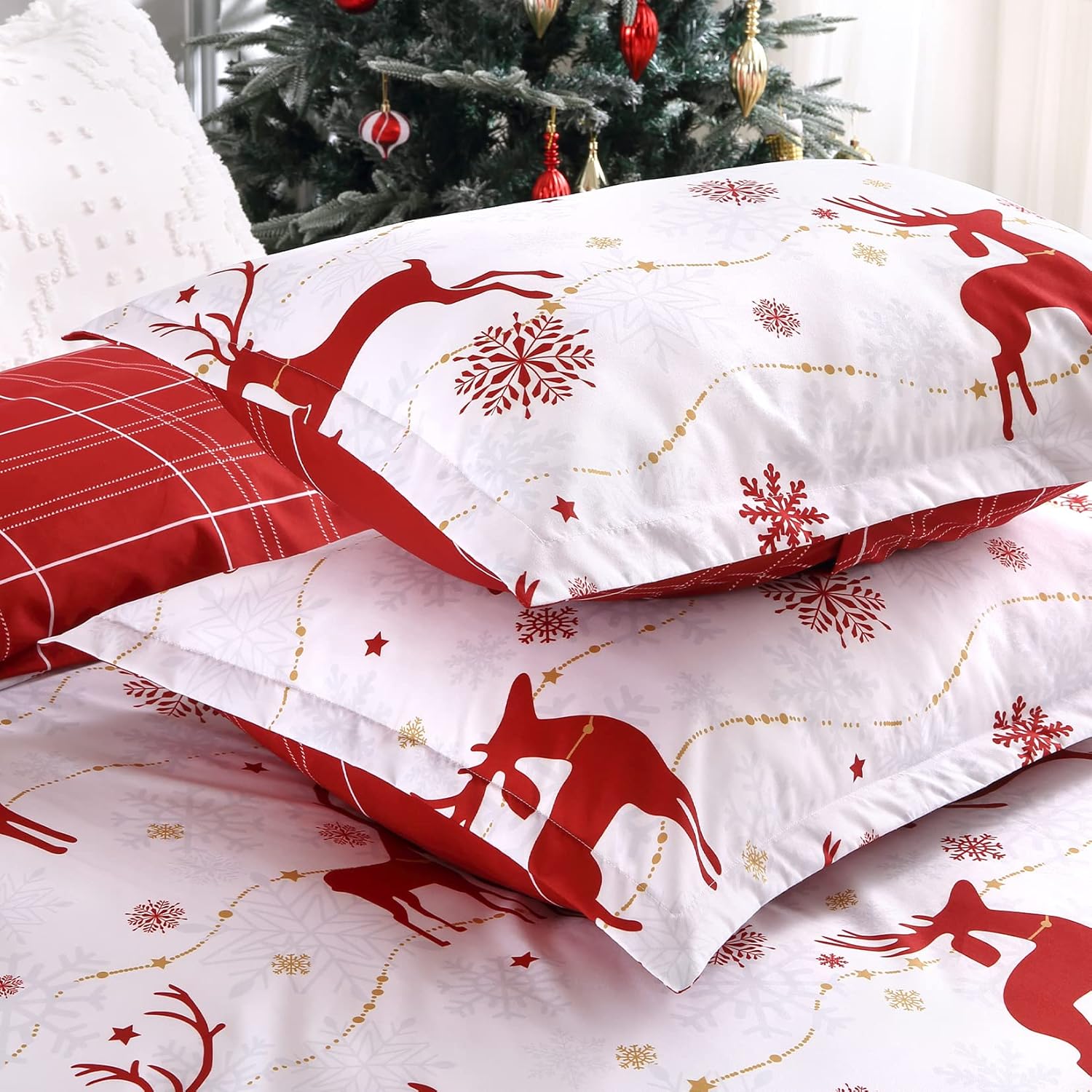 Christmas Reversible Duvet Cover Set - 3 Pcs. Reindeer/Plaid