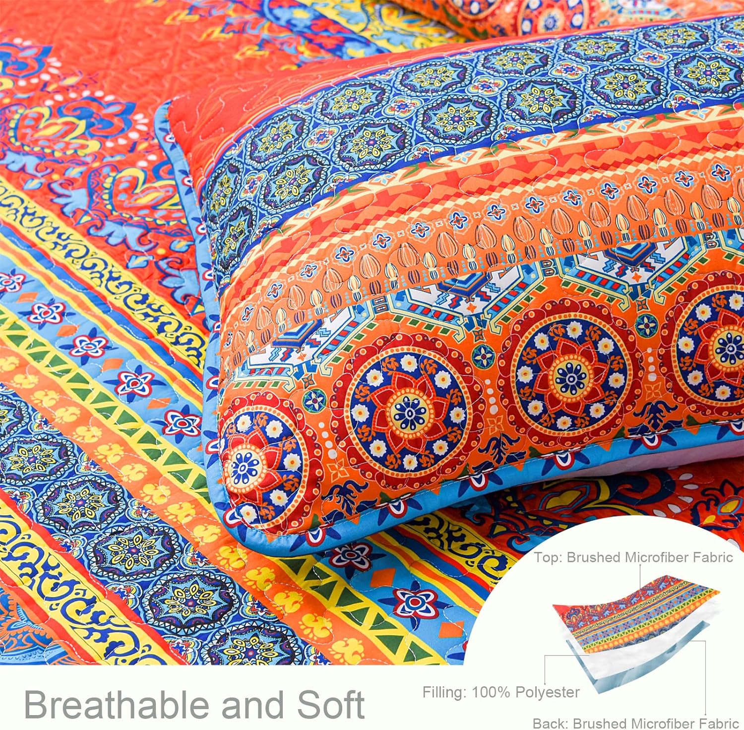 Reversible Ultra Soft Boho Pattern Quilt Set - 3 Pcs. Bohemian All Season