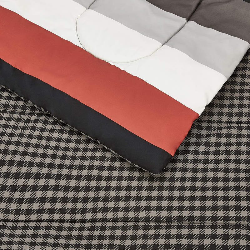 Juego de edredón reversible tamaño matrimonial/queen con sábanas, juego de cama de 5 piezas con rayas simples rojas, microfibra liviana Bed-in-a-Bag