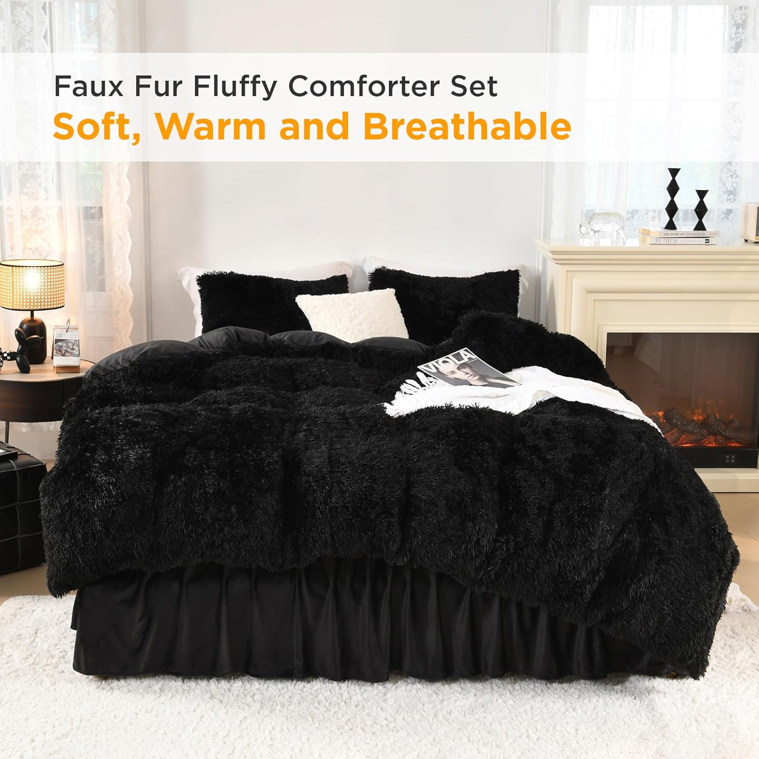 Black Fluffy Comforter Queen, Luxury Fuzzy Plush Faux Fur Bedding Set for Queen Bed, Ultra Soft Velvet Warm Comforter 3 Pieces(1 Shaggy Comforter 90×90 Inch, 2 Pillowcases)