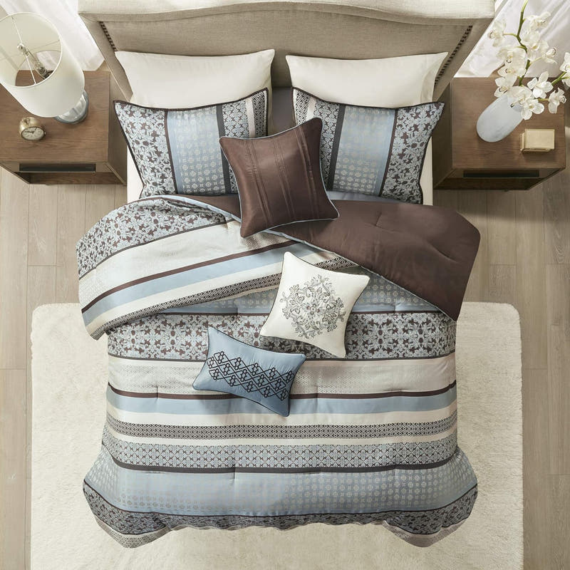 Juego de cama en bolsa de lujo con diseño de damasco y jacquard: 7 piezas con fundas de almohada y faldón de cama a juego