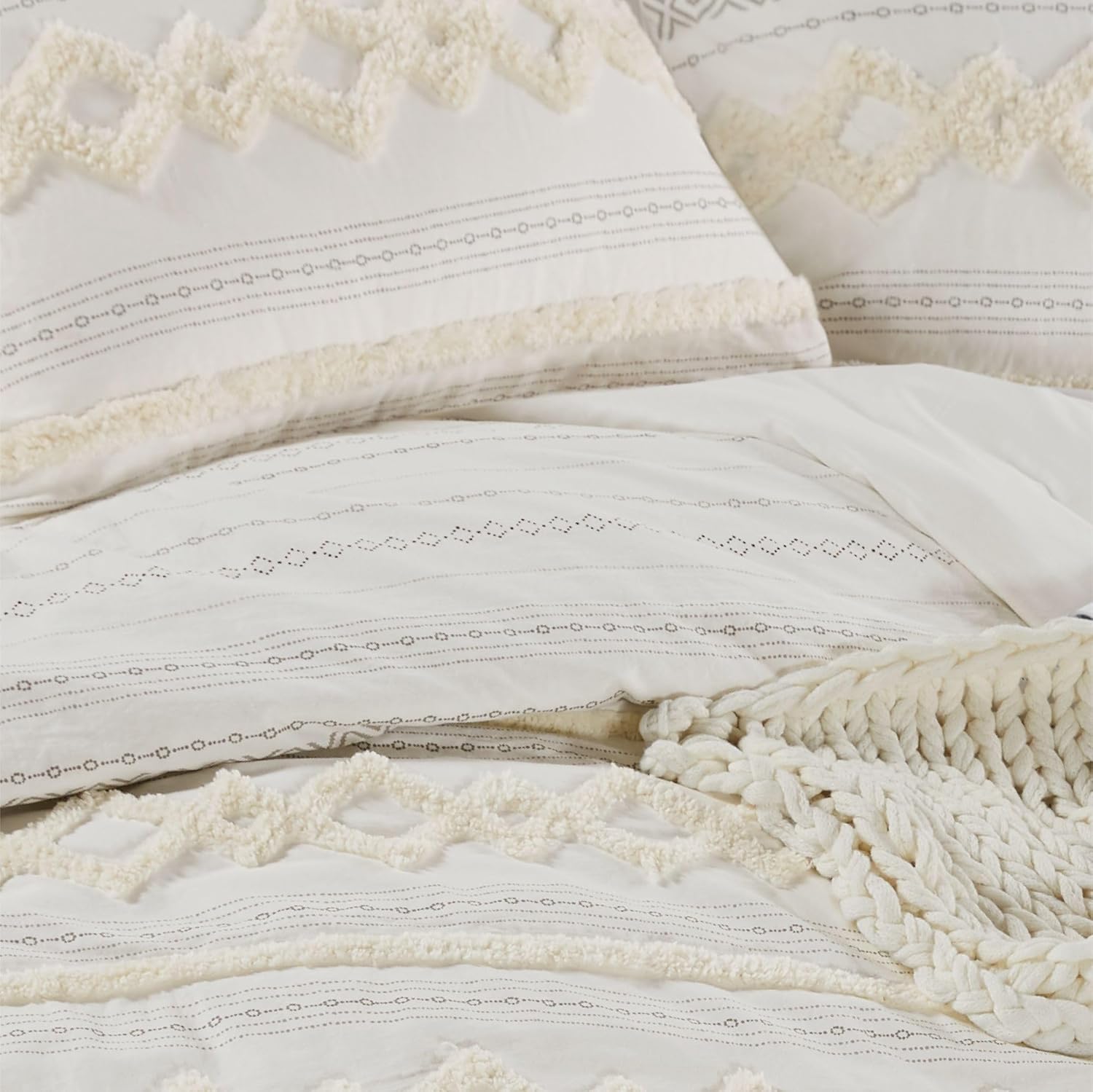 Funda nórdica bohemia con mechones modernos, 3 piezas, algodón texturizado estilo granja