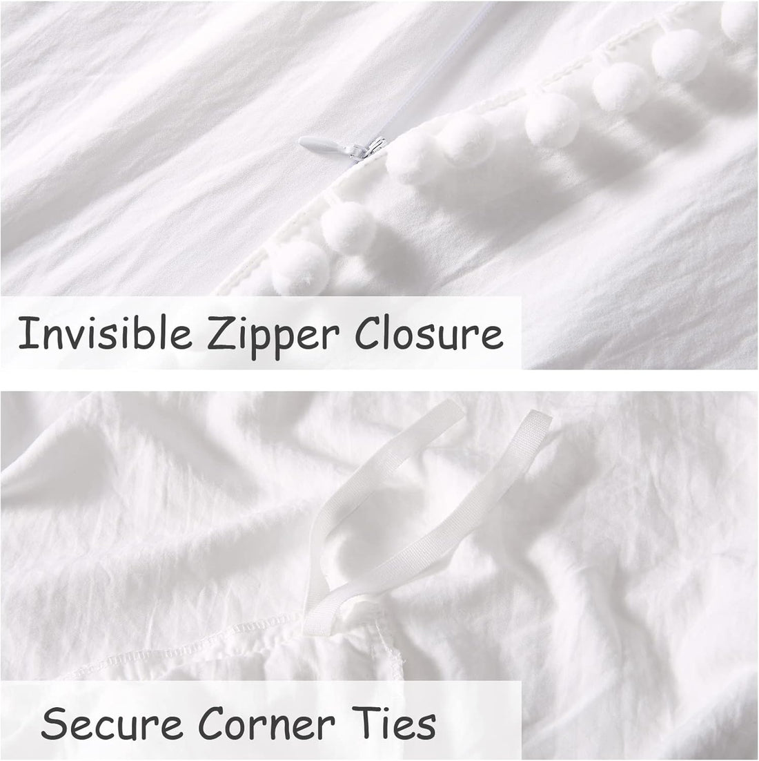 Washed Microfiber Duvet Cover Set, 3 Pcs. with Pom-Pom Fringe