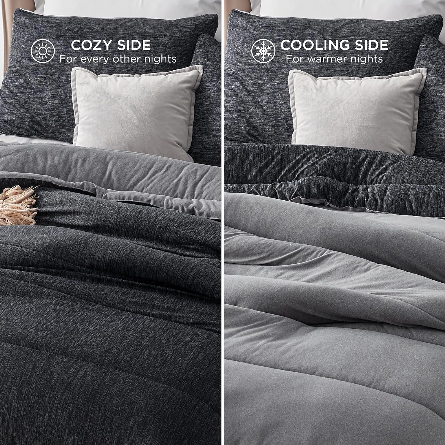 Comforter Set - Cooling and Warm Bed Set, Charcoal Black Reversible For All Season, 3 Pieces, 1 Queen Size Comforter (88"x88") and 2 Pillow Cases (20"x26")