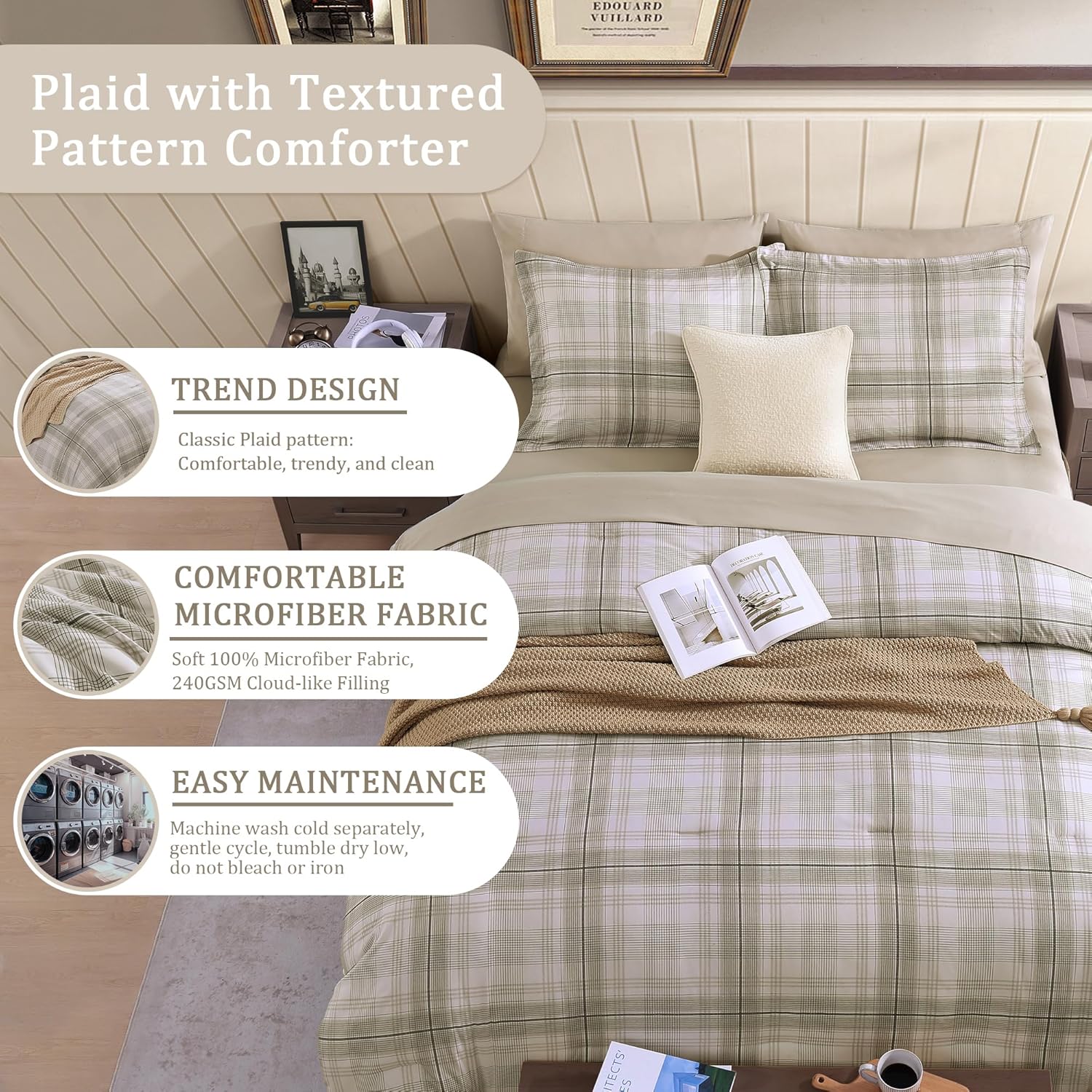 Juego de cama clásico a cuadros en una bolsa: juego de 7 piezas de edredón estilo granja