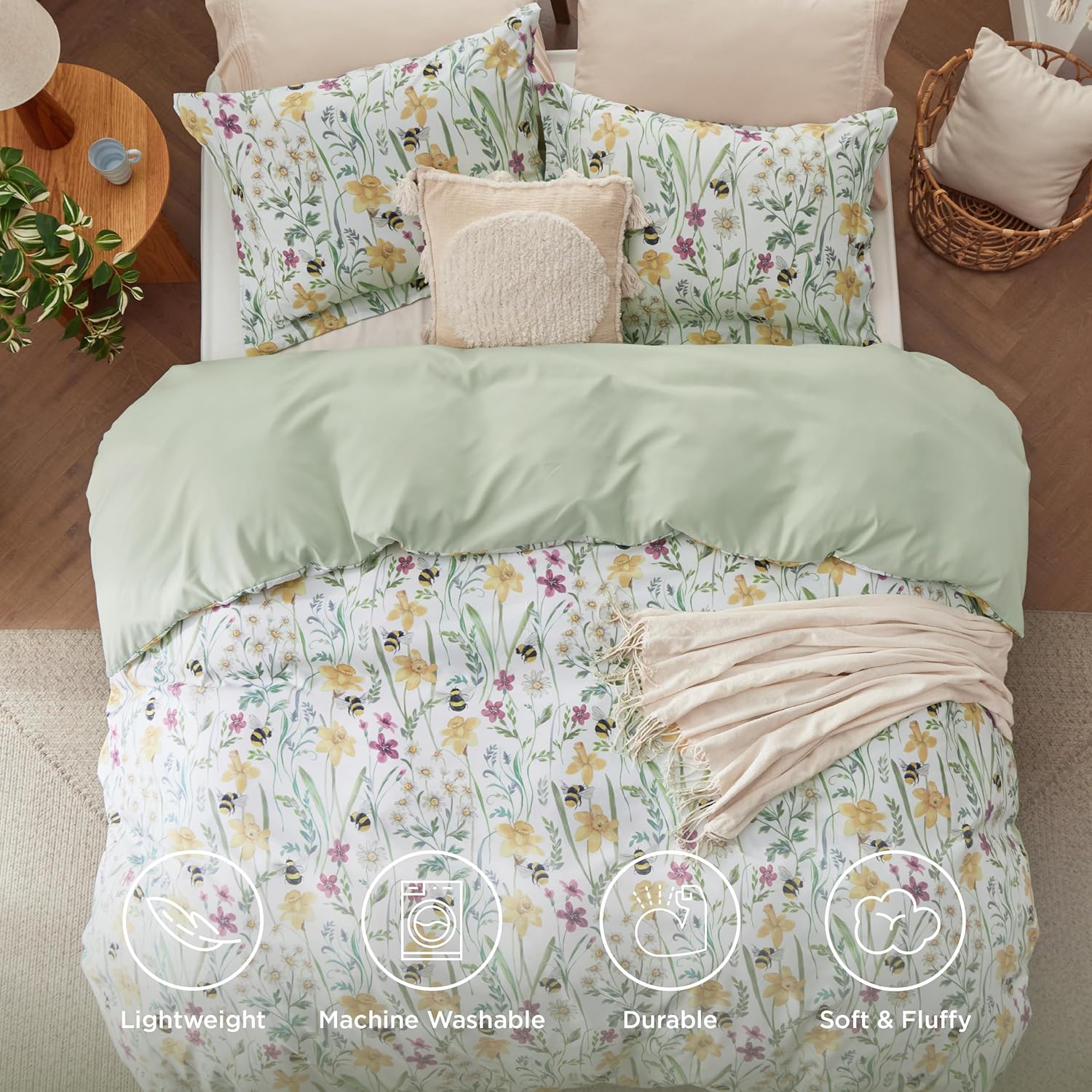 Juego de edredón reversible con motivos florales, 3 piezas. Juego de ropa de cama botánico