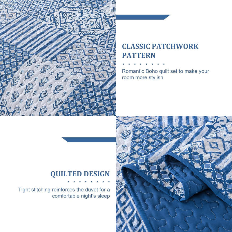Juego de edredón con diseño de patchwork geométrico y bohemio floral: juego de 3 piezas