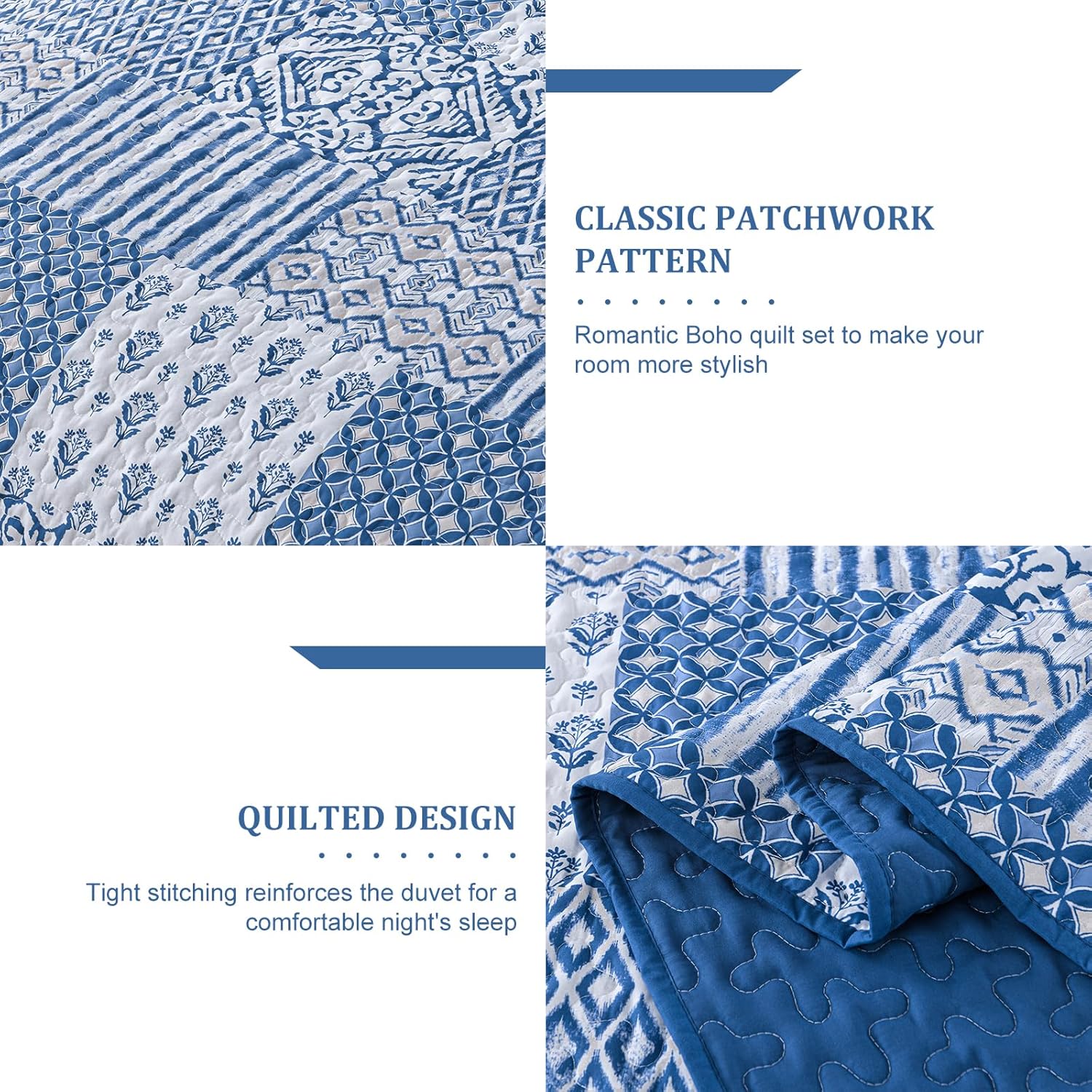 Juego de edredón con diseño de patchwork geométrico y bohemio floral: juego de 3 piezas