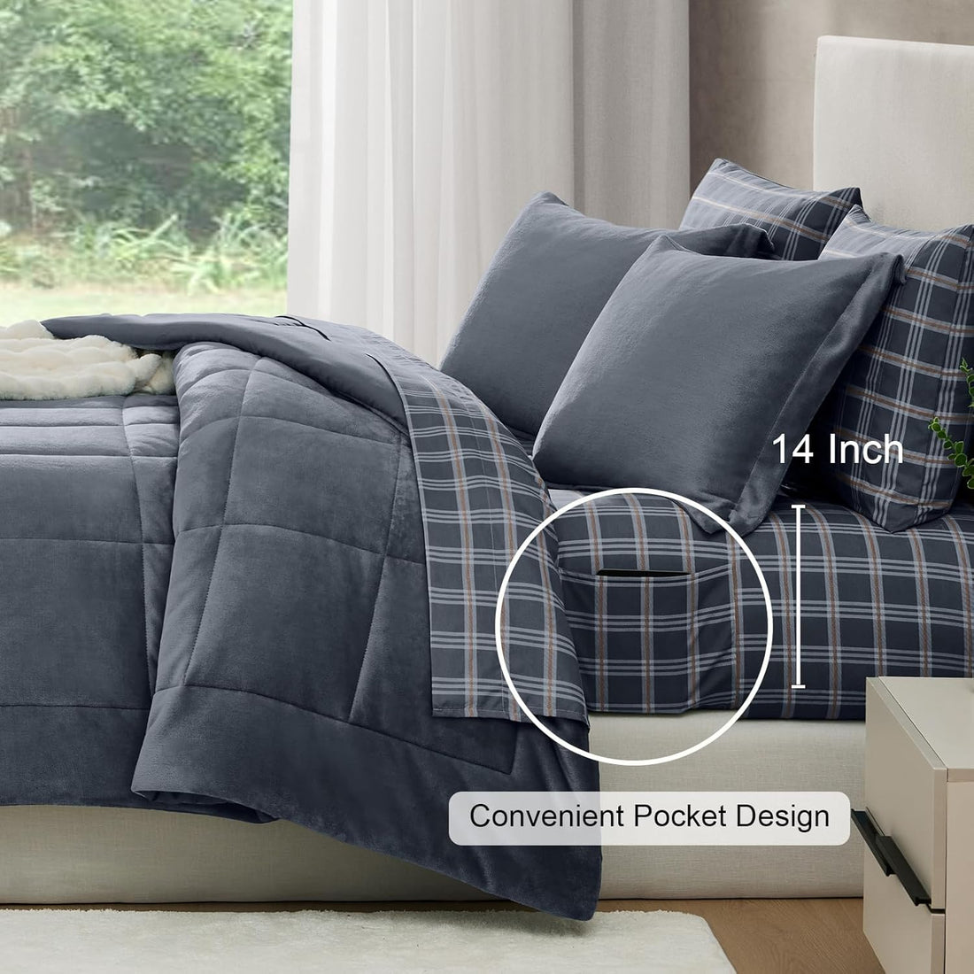 Fleece Queen Comforter Set-7 Pieces Bed in A Bag Queen,Blue Grey Plush Bedding Comforter Sets, Soft Warm Queen Comforter Set with Sheets,Comforter,Pillowcases and Shams