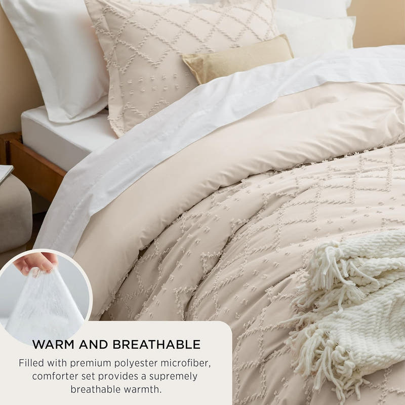 Juego de edredón tamaño queen, edredón beige, juego de edredón bohemio con mechones estilo shabby chic, juego de cama vintage de 3 piezas para todas las estaciones, juego de cama suave y esponjoso con 2 fundas de almohada