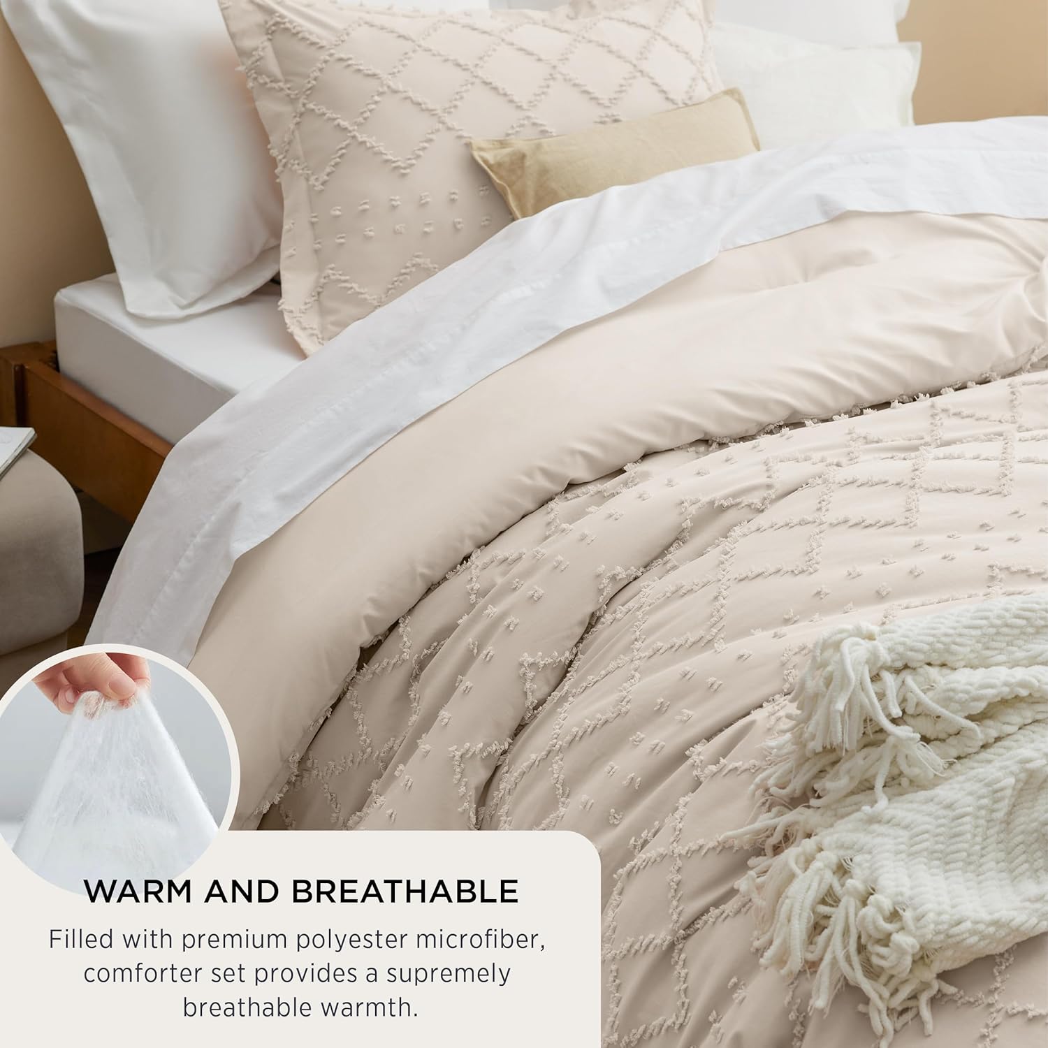 Queen Comforter Set - Beige Comforter, Boho Tufted Shabby Chic Bedding Comforter Set, 3 Pieces Vintage Farmhouse Bed Set for All Seasons, Fluffy Soft Bedding Set with 2 Pillow Shams