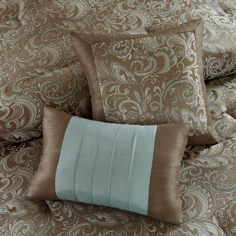 Luxe Faux Silk Jacquard Paisley Room in a Bag - 24 Pcs. with Matching Curtains, Decorative Pillows